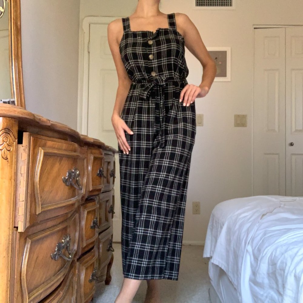 Black & White Plaid Cottage-Core Jumpsuit with Buttons